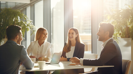 Diverse group of businesspeople laughing together while having a meeting in the lounge of a modern office. Group or employees, teamwork, seminar, staff training, discussion, collaboration