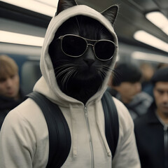 Anthropomorphic black cat in modern clothes standing inside the train of a crowded subway. Blurred background. 
