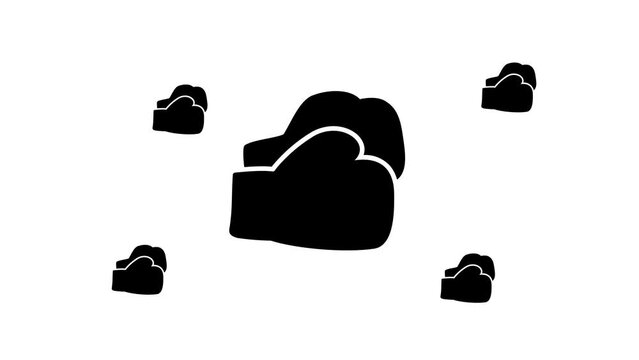 Zoom in and out animation the boxing gloves symbol. Large black symbol in the center and four small symbols around. Seamless looped 4k animation on white background