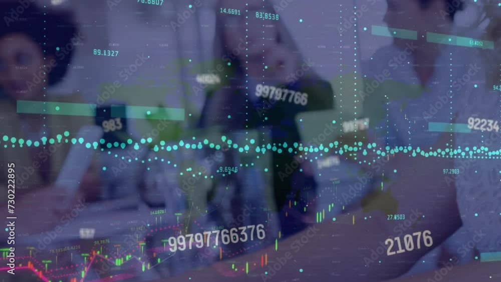 Poster Animation of financial data processing over diverse colleagues using laptops in office