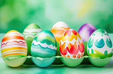 Fototapeta na wymiar Colorful Easter eggs, symbolizing spring and festive celebrations. Spring Easter composition. Happy Easter. Easter concept, culture, image is painted watercolor, expeditions, postcard