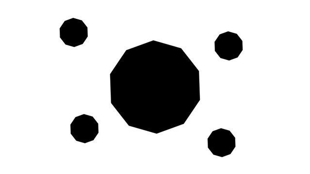 Zoom in and out animation the decagon symbol. Large black symbol in the center and four small symbols around. Seamless looped 4k animation on white background