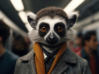 Anthropomorphic lemur in modern clothes standing inside the train of a crowded subway. Blurred background.  - obrazy, fototapety, plakaty