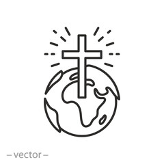 globe with christian cross icon, religious world mission, global church organization, thin line symbol on white background - editable stroke vector illustration eps10 - obrazy, fototapety, plakaty