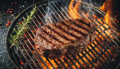 BBQ Pork Steak juicy grilled In a grill with flames