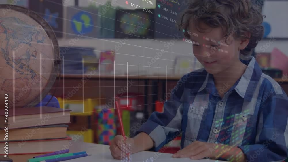 Poster animation of financial data processing over caucasian schoolboy writing in notebook