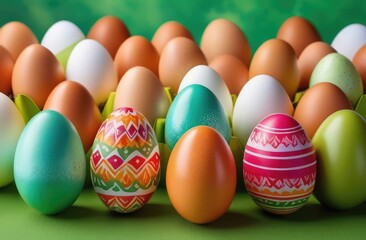Naklejka premium Colorful Easter eggs, symbolizing spring and festive celebrations. Spring Easter composition. Happy Easter. Easter concept, culture, Christianity, family holidays, expeditions, postcard