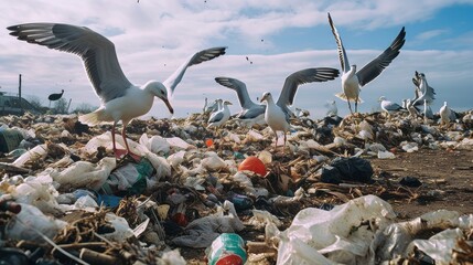 A landfill site with seagulls scavenging for food - obrazy, fototapety, plakaty