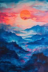 Obraz na płótnie Canvas Mountain Majesty: Abstract Sunset Illustration Amidst Majestic Peaks - Nature's Beauty, Mountain Landscape, Colorful Sunset, Tranquil Scene, Abstract Artwork, Mountain Silhouette
