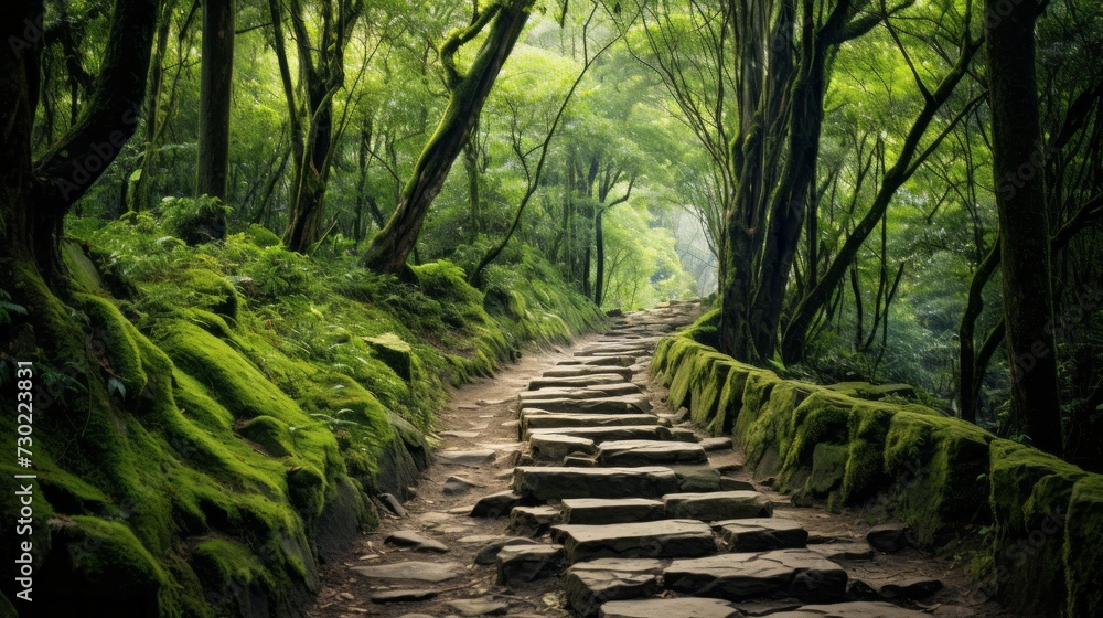 Poster a path through a lush forest representing progress