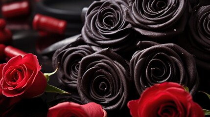 Red roses and Black licorice candy roses on black background, valentine's day concept.