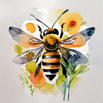 Watercolor painting of bee. Abstract hand drawn illustration.