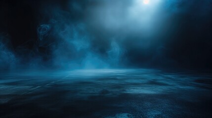 A dark empty street, dark blue background, an empty dark scene, neon light, spotlights The asphalt floor and studio room with smoke float up the interior texture. night view, generative ai