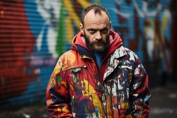 Portrait of a brutal bearded man in a red jacket with a hood against the background of graffiti