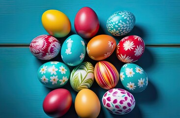 Fototapeta na wymiar Colorful Easter eggs, symbolizing spring and festive celebrations. Spring Easter composition. Happy Easter. Easter concept, culture, Christianity, family holidays, expeditions, postcard