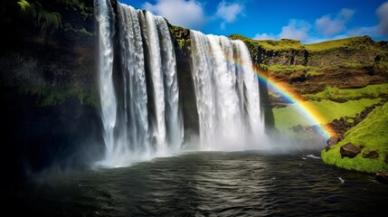 Fototapeta premium A rainbow emerging from behind a waterfall