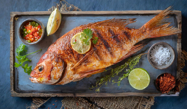 Top view juicy red snapper grilled In a grill with flames