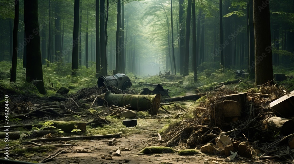 Poster a serene forest scene spoiled by illegal dumping causing visual pollution