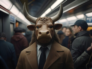 Anthropomorphic bull in modern clothes standing inside the train of a crowded subway. Blurred background.  - obrazy, fototapety, plakaty