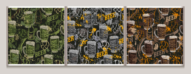 Grunge camouflage patterns with beer glass, abstract paint splatter, smudges, brushstrokes, blots. Outline silhouette of bottles, hop cones. Random composition.