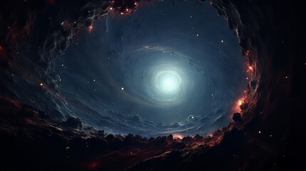 A surreal cosmic scene with a wormhole and distant stars