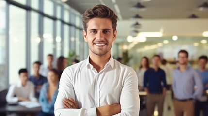 Portrait of smiling millennial caucasian businessman standing in office and looking at camera. headshot of happy hr manager. Friendly business team, good colleagues. employee appreciation day - obrazy, fototapety, plakaty