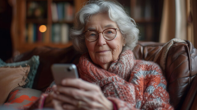 An Old Elderly Woman With Grey Hair Wearing Glasses Sits On A Chair With A Smartphone In Her Hands, New Technology For The Elderly