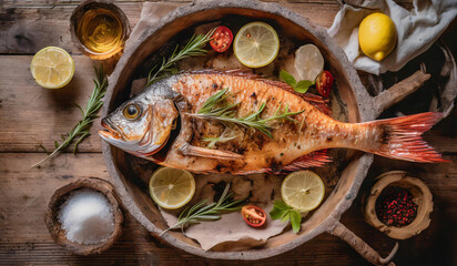 Top view juicy red snapper grilled In a grill with flames