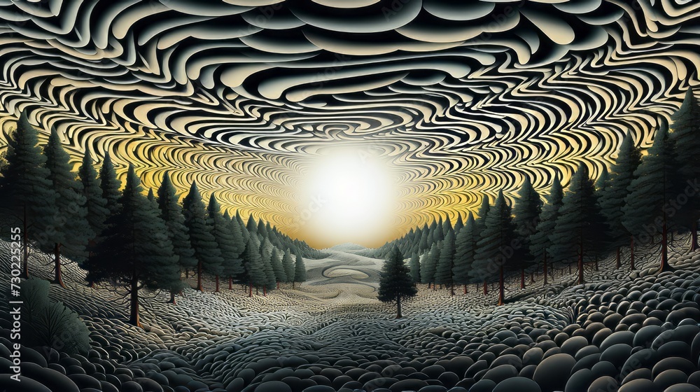 Poster an illusionary scene with multiple layers of perception