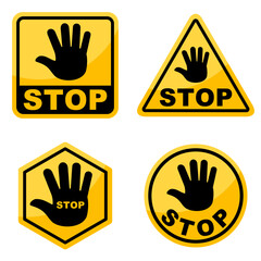 Fototapeta premium Set of simple yellow stop roadsign with big hand symbol or icon vector illustration