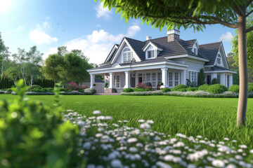 3d illustration of a newly built luxury home with grass lawn - obrazy, fototapety, plakaty