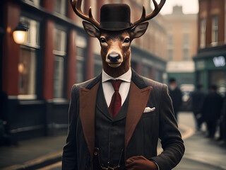 Anthropomorphic Red deer - The look is a interpretation of a typical 1920s in London streets. - obrazy, fototapety, plakaty