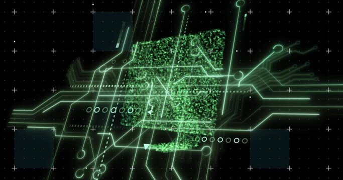 Animation of data processing with computer circuit board over shape on black background