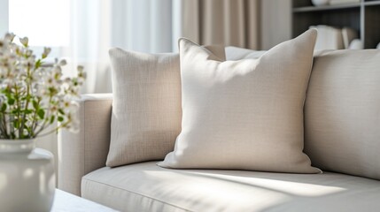 Organic Cotton Pillows on a Cozy Sofa. Natural light illuminates organic cotton pillows on a comfortable sofa, highlighting a serene home decor atmosphere.