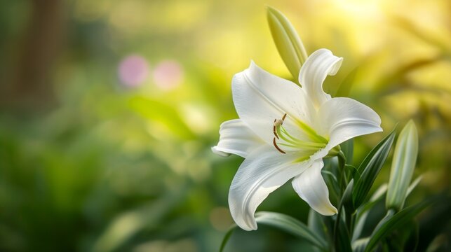 Pristine Easter Lily Blooming closeup background. A single Easter lily in green garden backdrop with a soft-focus effect.