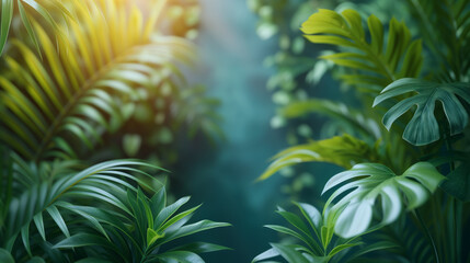 Background of green tropical plants with rays of sunshine
