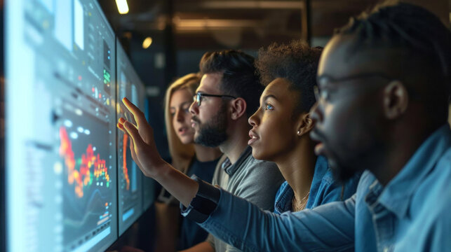 Ethical use of data AI system. diverse group of professionals looking at a large computer screen displaying data graphs. Collaborative effort to identify and mitigate biases in AI data