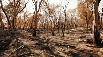 Global warming, A panorama of a once lush forest, now with withered trees and scorched earth, indicating prolonged drought