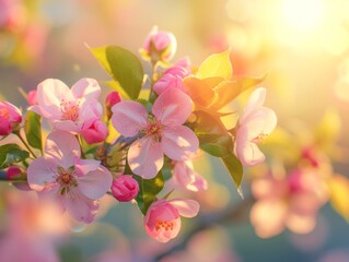 Fototapeta na wymiar Spring blossom background. Beautiful nature scene with blooming tree and sun flare. Sunny day. Spring flowers. Beautiful Orchard. Abstract blurred background. Springtime