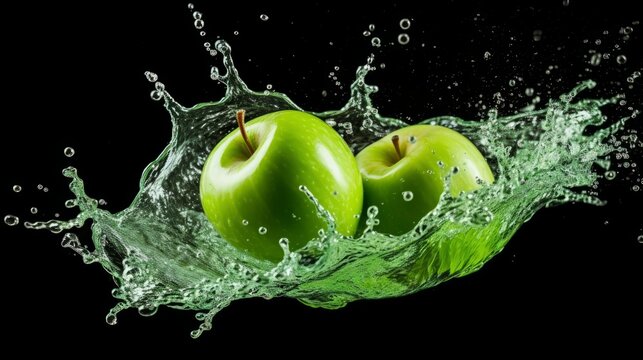 Two green apples splashing into water