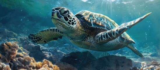 Obraz premium Large sea turtle beneath the sea