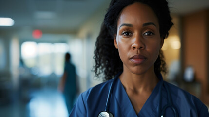 Fototapeta premium Closeup portrait of confident black surgeon or nurse in hospital