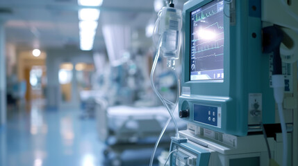 Closeup of medical technology equipment in hospital with blurred background
