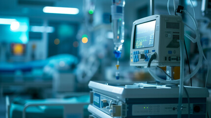 Closeup of medical technology equipment in hospital with blurred background