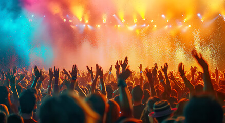 Fototapeta na wymiar Concert crowd dancing under colorful lights.Music Festival,World Music Day Concept.