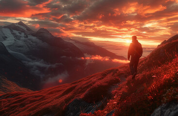 a man standing in front of a mountain with sunset in the background