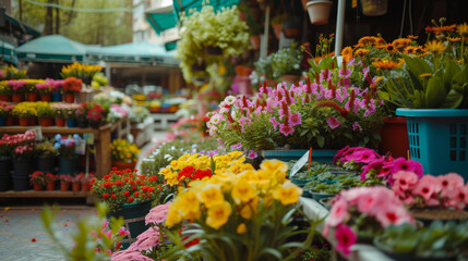 Floral street market shop full of beautiful flowers and blossoms at spring
