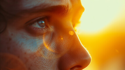 Closeup portrait of eyes of beautiful young man at sunset