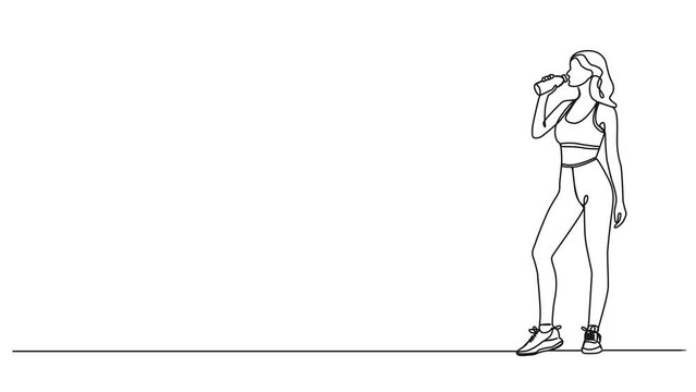 animated continuous single line drawing of sporty woman in sportswear drinking water from bottle, line art animation