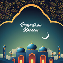 Ramadhan Kareem, poster for greeting with mosque ornaments, paper cut clouds, Islamic patterns